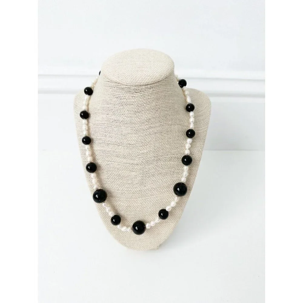 NWT Genuine Black Onyx & Pearls Necklace Black White